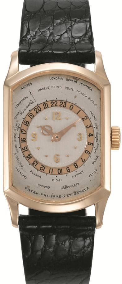 Reference 515 HU玫瑰金版，产于1937年。Patek Philippe首枚世界时腕表，旋转表盘用于显示小时，表盘上刻有城市名字