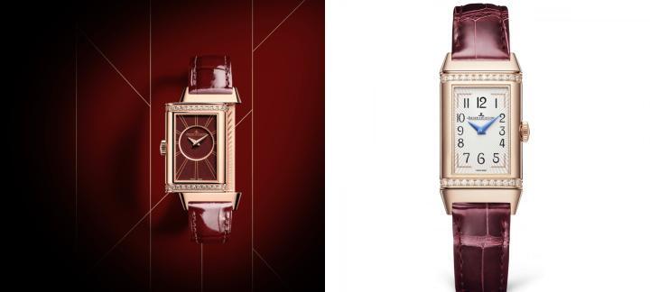 Reverso One Duetto双面翻转系列腕表，表壳于上下方均镶饰了一排明亮式切割钻石，并采用Duetto双面设计概念，由积家844机械机芯同时驱动腕表的两组指针