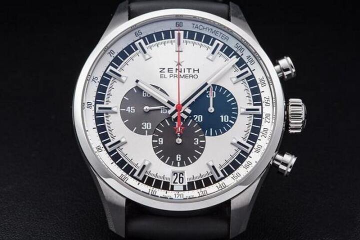 El Primero 36,000vph自动计时码表是一只运动风的时计作品。 白底面盘的衬托下，三色副盘格外显眼。