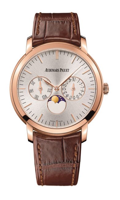 爱彼Jules Audemars星期日期月相腕表，所有组件皆经手工打磨装饰，机板倒角及珍珠圆点打磨，桥板饰以日内瓦波纹