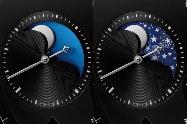 面盘7点方向的月相显示兼具日夜显示效果，其中蓝色代表白昼、深蓝色加上星星图案则代表夜晚。