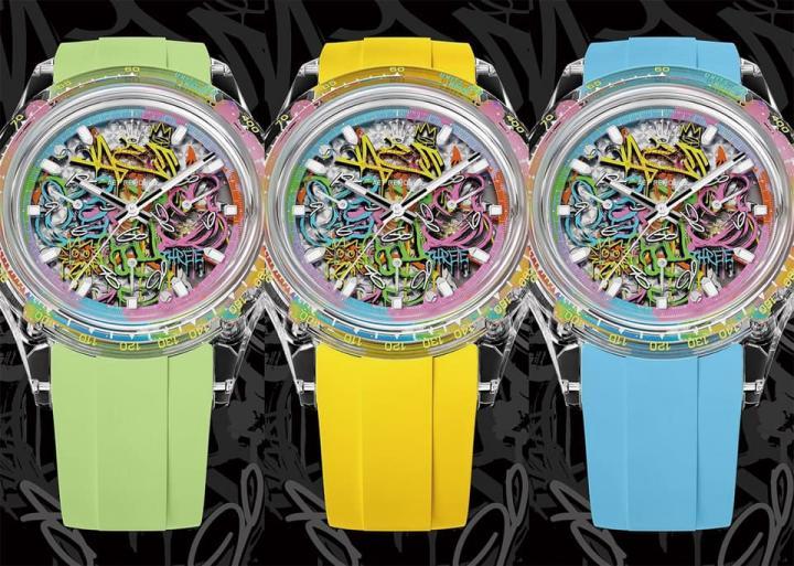 手表可以搭配多种不同颜色的橡胶表带，让人从中选择自己最爱的颜色。Source：AET REMOULD