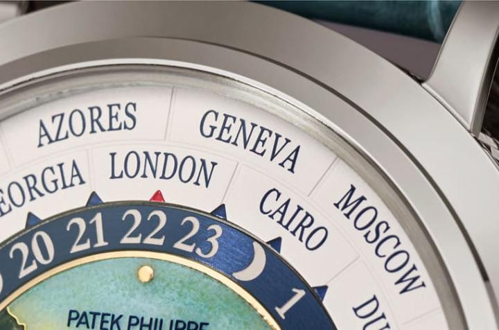 面盘的世界时间城市环以日内瓦取代原本的巴黎，如此更能呼应手表的工艺血统。