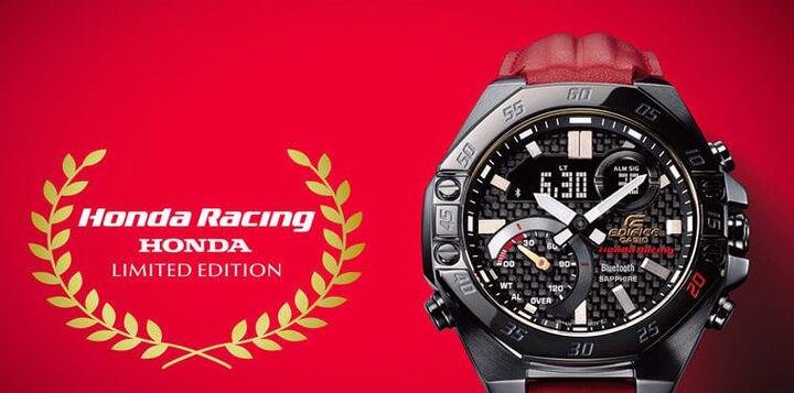 为了庆祝卡西欧旗下的EDIFICE创立20周年，品牌与HONDARacing赛车部门合作推出联名表ECB-10HR，表款配色结合道地的HONDARacing赛车风格