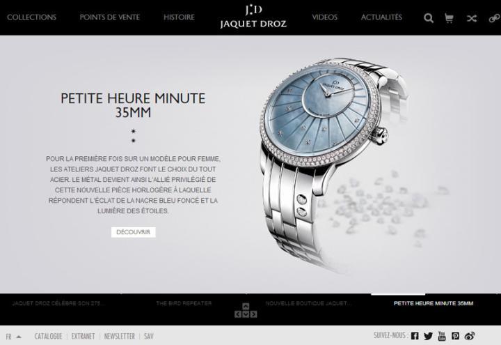 雅克·德罗Jaquet Droz新网网站截图，网站将提供视频、新闻与品牌历史