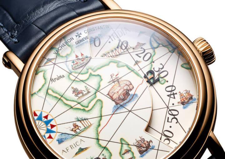 面盘以米勒地图集为灵感，分别画上三位航海家的航行路线