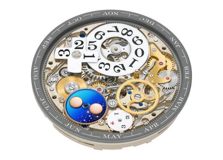源自朗格Lange 1 Tourbillon Perpetual Calendar的专利设计，其环形月份显示将月份资讯改放至面盘外侧，使得Lange 1独特的面盘格局不会因此受到影响