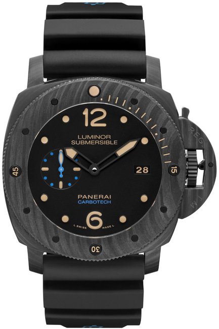 全新Luminor Submersible 1950 Carbotech™腕表首次以沛纳海蓝印上OP标志，同时附一条备用表带及一支螺丝起子