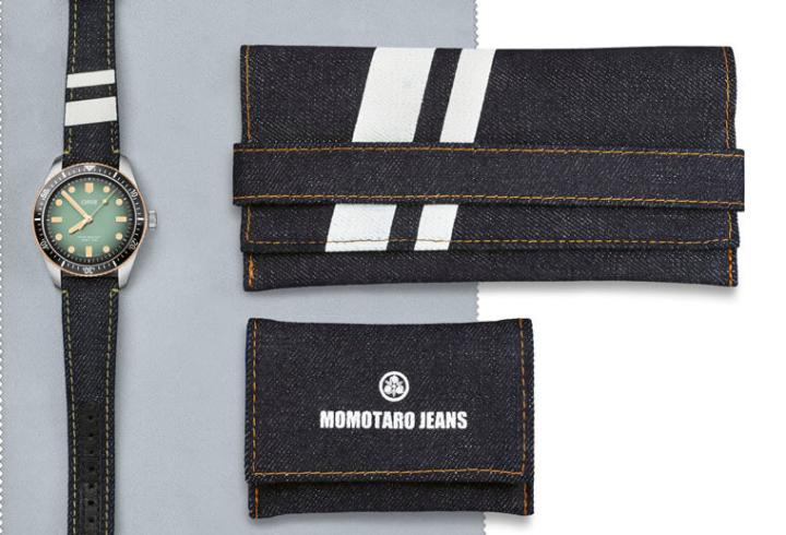 收纳表款的表袋同样结合Momotaro Jeans擅长的丹宁布料以及编织工艺，散发诱人的收藏意义