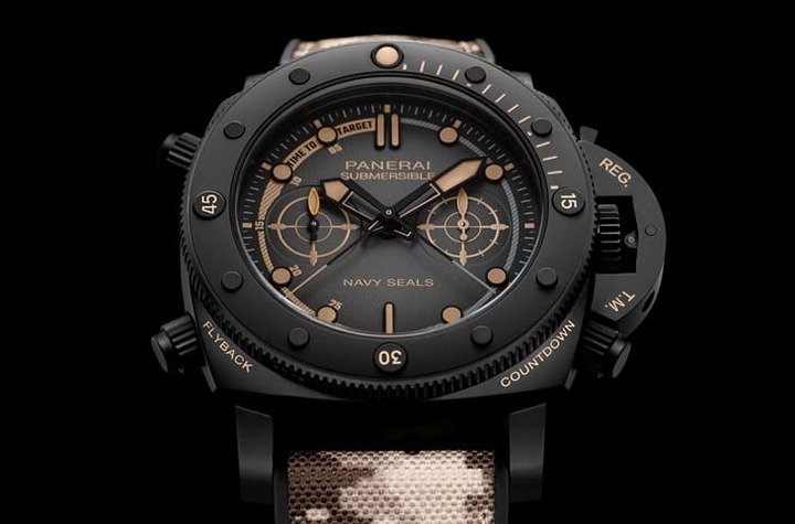 PAM01521以DLC钛金属制作47mm大型表壳，具备飞返计时与倒数计时功能。