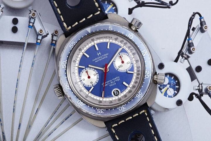 Hamilton搭载Caliber 11的Chrono-Matic Pan-Europ计时码表洋溢70年代计时码表的大胆色彩风格。