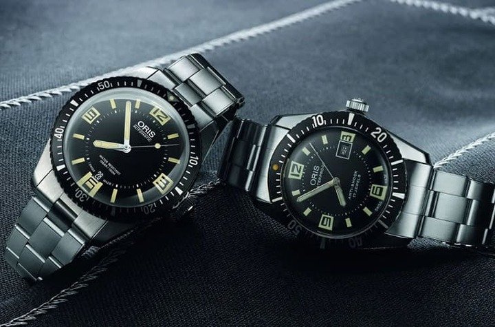 ORIS 1965年开发出首款潜水表（右），2015年时值50周年时他们曾推出一款Divers Sixty-Five复刻表（左）以资纪念，2025年另有新款庆祝60周年里程碑。
