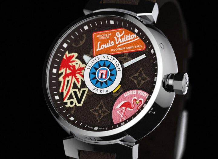 面盘设计出自La Fabrique du Temps Louis Vuitton之手，与包款的订制相同，可自由选择路易威登最经典的图案：Monogram和Damier Graphite