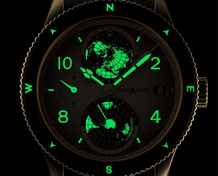 万宝龙在时标、刻度、指针以及南北半球球体等多处涂上Super-LumiNova®夜光物料，确保手表在暗处的阅读效果不受影响