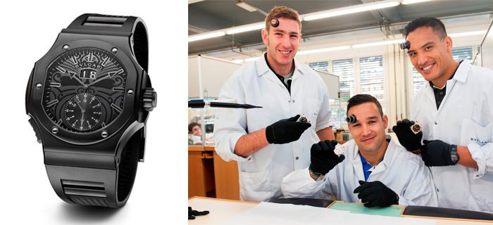 左： Bulgari宝格丽 Endurer Chronosprint All Blacks 腕表 - 右：Luke Romano, Tamati Ellison 与Hosea Gear