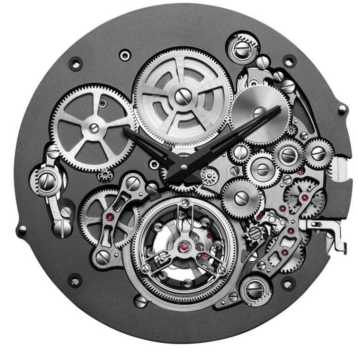 表冠的里头没有龙芯，取而代之的是一颗冠状齿轮，后端直接连上一连串的轮系，由此接续上链和拨针系统