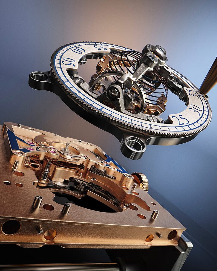 Gyrotourbillon 球形陀飞轮是一个由 123 个部件组成的高度复杂结构，陀飞轮围绕双轴旋转时的视觉效果令人着迷。史上最快的内部陀飞轮框架每 16 秒旋转 360 度，而外围机芯每分钟旋转一圈。