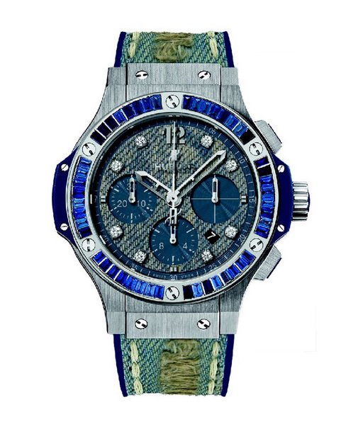 HUBLOT专卖店独家发售的Big Bang Used Jeans Baguette限量腕表，搭载 HUB4300自动机械计时机芯，表盘上镶嵌8颗晶透钻石