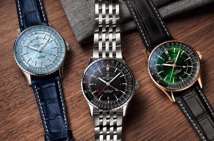 Navitimer新作表径为41mm，有不锈钢、半金与玫瑰金材质可选，面盘也有多种颜色，甚至还有两地时间功能款式。