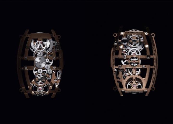 为了因应Tonneau系列略带弧度的酒桶型表壳，9919 MC机芯在上下端点的发条盒和擒纵轮等部件上也略为做出弯曲弧度