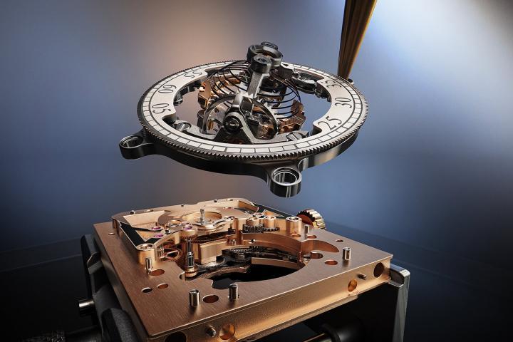 半球型摆轮游丝和独特的双锚造型 Gyrolab 摆轮，见证积家对精准度与机械效率的不懈追求。球型飞行陀飞轮摒弃传统的桥架固定方式，改为以滚珠环圈承托，仿佛悬浮于正、反表盘之间。