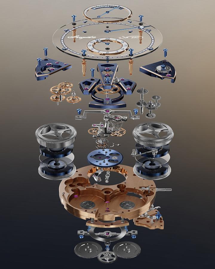 蓝宝石表盘以四根金柱支撑，以三个相连的夜光圆环显示小时。大型外缘式分钟轨道环绕于 6 时位置的小时圈，陀飞轮仿佛从中脱离。在 12 时位置，陀飞轮自由悬置，三分之二位于分钟轨道内，三分之一位于轨道之上。