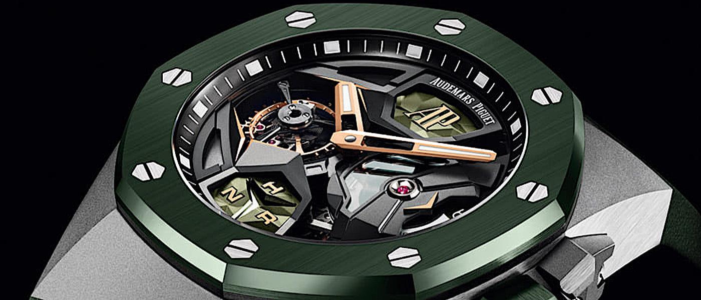 皇家橡树概念飞行陀飞轮GMT手表第一次结合绿色陶瓷表圈