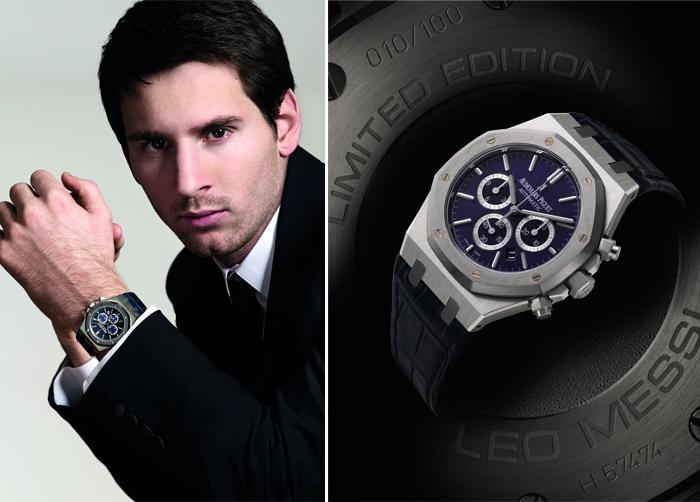  左： 里奥‧梅西佩戴他的“Royal Oak Chronograph Leo Messi”腕表 - 右： Royal Oak皇家橡树限量版腕表