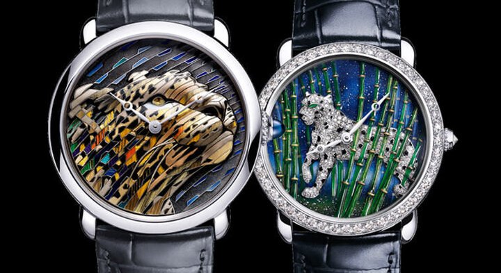 卡地亚Métiers d'art系列2020年推出两款Ronde Louis Cartier新品，分别采用秸秆及金质细工镶嵌还有珐琅金银丝工艺演绎美洲豹主题