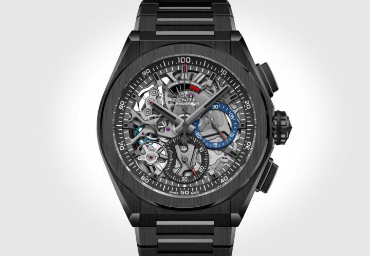 真力时的Defy El Primero 21腕表推出黑色陶瓷新作，面盘上的零件如时标与指针皆经过镀钌处理以与整体的黑色调搭配，同时品牌一口气推出橡胶表带与陶瓷链带两种版本
