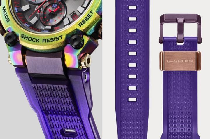 MTG-B3000PRB搭配紫色半透明树脂表带，并搭配经棕色与紫色离子IP镀膜处理的表扣与扣环零件。