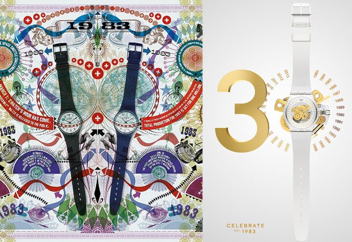 斯沃琪Est. 1983 New Gent腕表（右）与艺术大师Lorenzi Petranton 1983年的艺术品