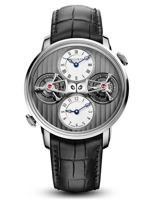 ARNOLD & Son 仪表系列DTE全新双陀飞轮擒纵两地时间腕表搭载亚诺表专属A&S8513陀飞轮机芯搭配银色蛋白石表盘，18K白金表壳，直径43.5毫米