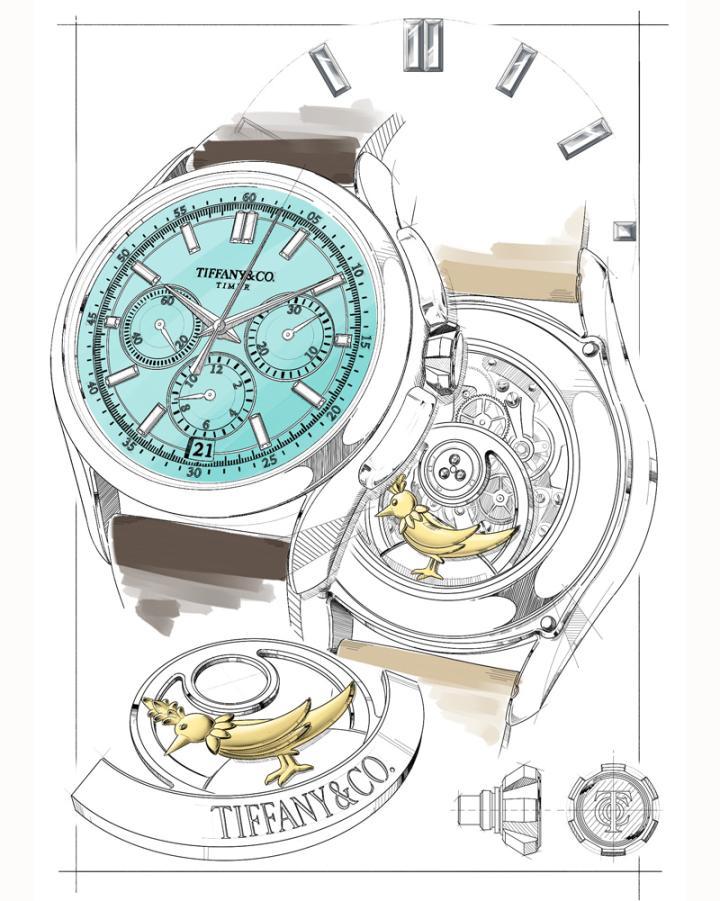 全新 Tiffany Timer 腕表的手绘草图。