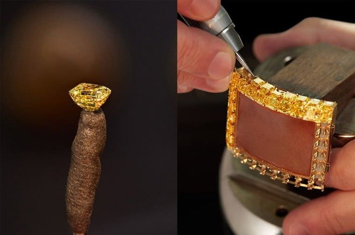 品牌花费好几年的时间收集制表需要用到的黄色钻石，最终将其切割出400多颗，约重217克拉，全数镶在手表的表壳、炼带与面盘上。