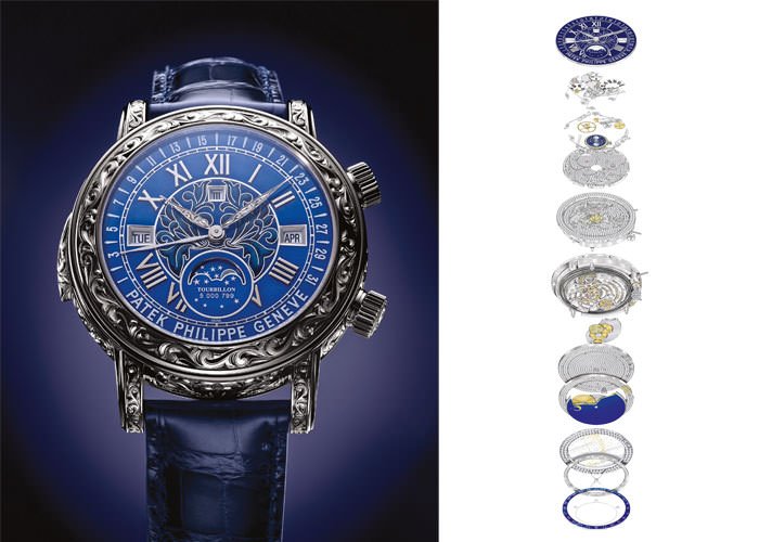 百达翡丽6002 Sky Moon Tourbillon天文陀飞轮腕表外观与内部都十分复杂。