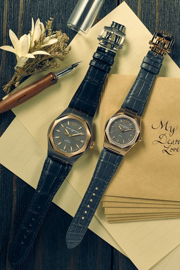 (左) Laureato 42MM，钛金属并玫瑰金表壳，鳄鱼皮表带 (右)Laureato 38MM，镶钻玫瑰金表壳，鳄鱼皮表带