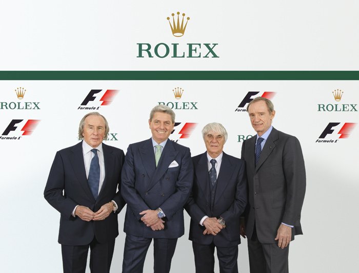 Rolex劳力士代言人Jackie Stewart爵士；Rolex SA劳力士公司首席执行官Gian Riccardo Marini先生；一级方程式集团首席执行官Bernie Ecclestone先生；Rolex劳力士代言人及Rolex SA劳力士公司董事会成员Jean-Claude Killy（由左至右）© Rolex / Eddy Mottaz