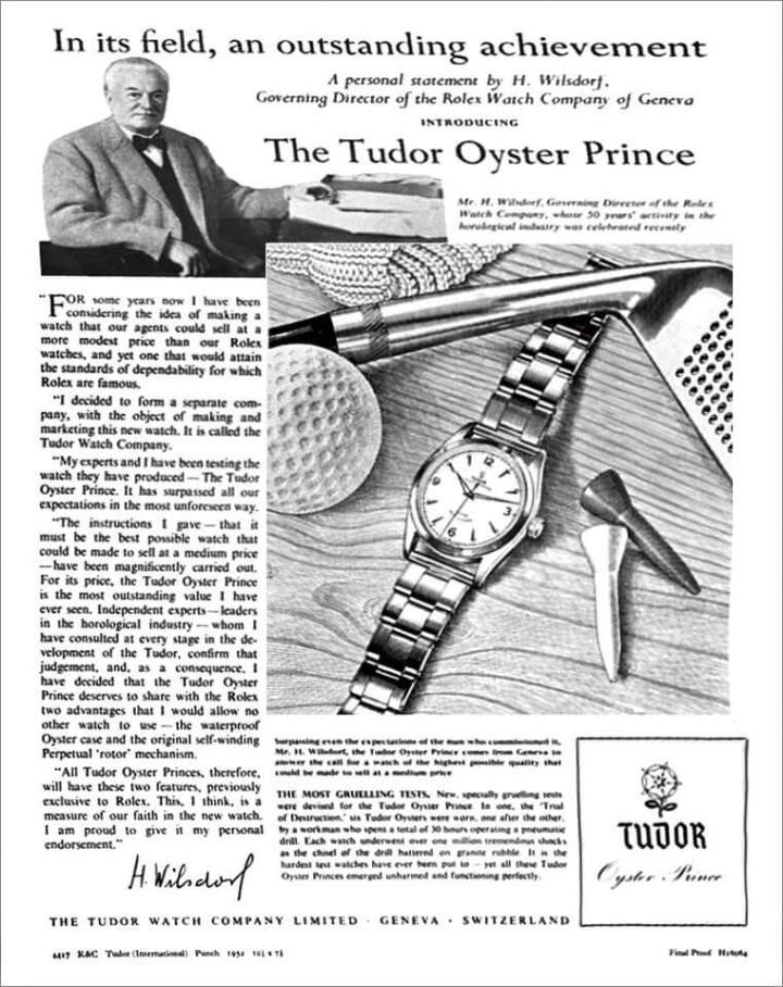 图为TUDOR创立初期在报刊杂志上刊登的广告，上头可见劳力士创办人、也是一手催生帝舵的Hans Wilsdorf身影