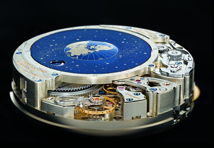 朗格表厂自制L096.1型机芯，描绘出地球、月亮和太阳星群图的轨迹月相显示