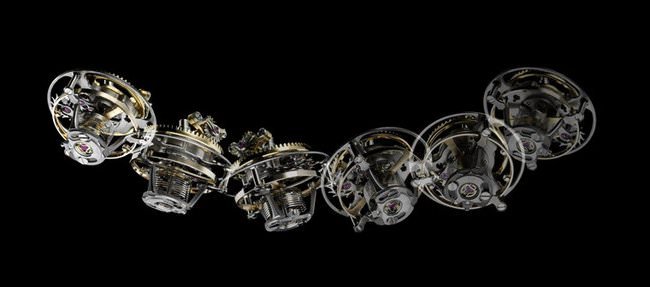 Sphérotourbillon球型陀飞轮，由105枚组件打造，以五级钛金属打造陀飞轮框架