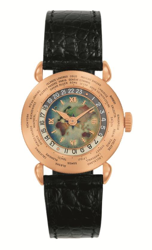 Reference 1415 HU玫瑰金版，产于1948年，Patek Philippe首枚运用掐丝珐琅的世界时腕表
