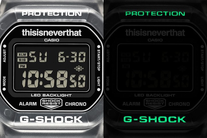 黑白强烈对比呈现浓厚的 90 年代街头氛围，上下表圈的 “Protection” 与 “G‑shock” 字样更特别经过磷光处理，在暗处散发利落荧光，展现浓厚的 90 年代街头态度。