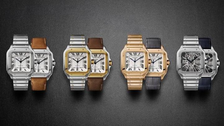 新一代Santos de Cartier腕表款式中除了中型和大型的尺寸差异，分别还带来混搭材质的设计