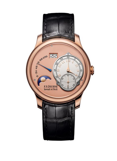 F.P. JOURNE Nouvelle Octa Lune腕表红金版，主表盘和偏心式时分盘均以18K金铸造，搭载单向自动上链、瞬跳式日历显示以及三段式表冠功能
