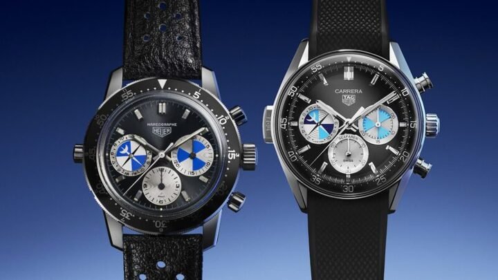 2024 年，TAG Heuer 与 Hodinkee 联名推出 Carrera Chronograph Seafarer × Hodinkee 限量版计时腕表（全球限量生产 968 只、图右）向 Heuer 于 1968 年推出的 "2446C Seafarer" 腕表（图左）致敬。