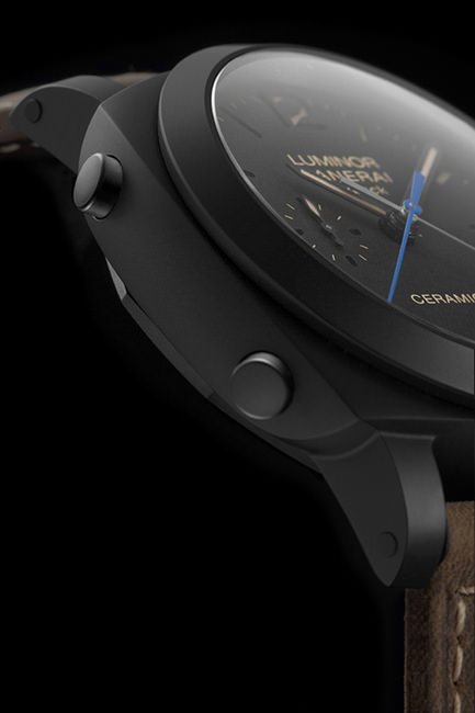 全新沛纳海 Luminor 1950 3 Days Chrono Flyback Automatic Ceramica 3日动力储存飞返计时自动陶瓷 腕表黑色陶瓷表壳，展现强烈的运动风格