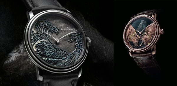 宝珀（左）Metiers d'Art艺术大师工作室巨浪腕表（右）Metiers d'Art艺术大师工作室双牛争王腕表