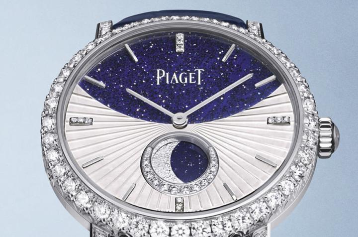 伯爵Altiplano系列新推出结合珠宝工艺的月相显示手表，手表细节丰富营造迷人视觉效果。