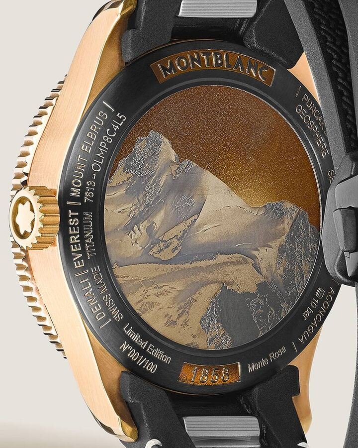 Montblanc以特殊雷射技术，在表底盖呈现立体效果的罗莎峰美景。